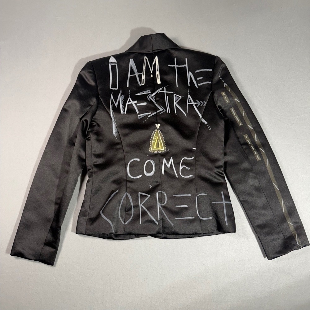 90's Jessica McClintock Blazer Women 2 Black Graffiti Wearable Art Satin Vintage